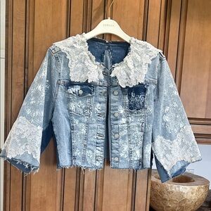Womens Blue Lace-Trim Denim Jacket custom made. One of a Kind